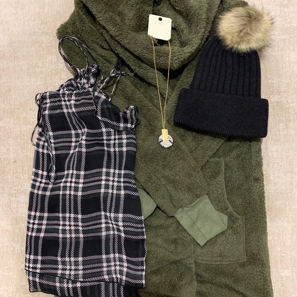 Other - Fuzzy Cardigan, Plaid Tank, Necklace, Beanie